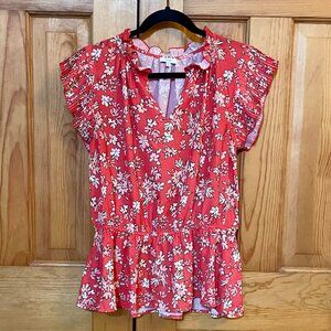 Red Pink White Floral Pleated V-neck Blouse
